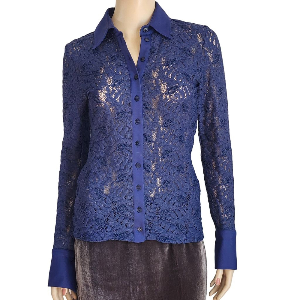 ANNE FONTAINE Savine Blue French Cuff Lace Blouse Size 38 6